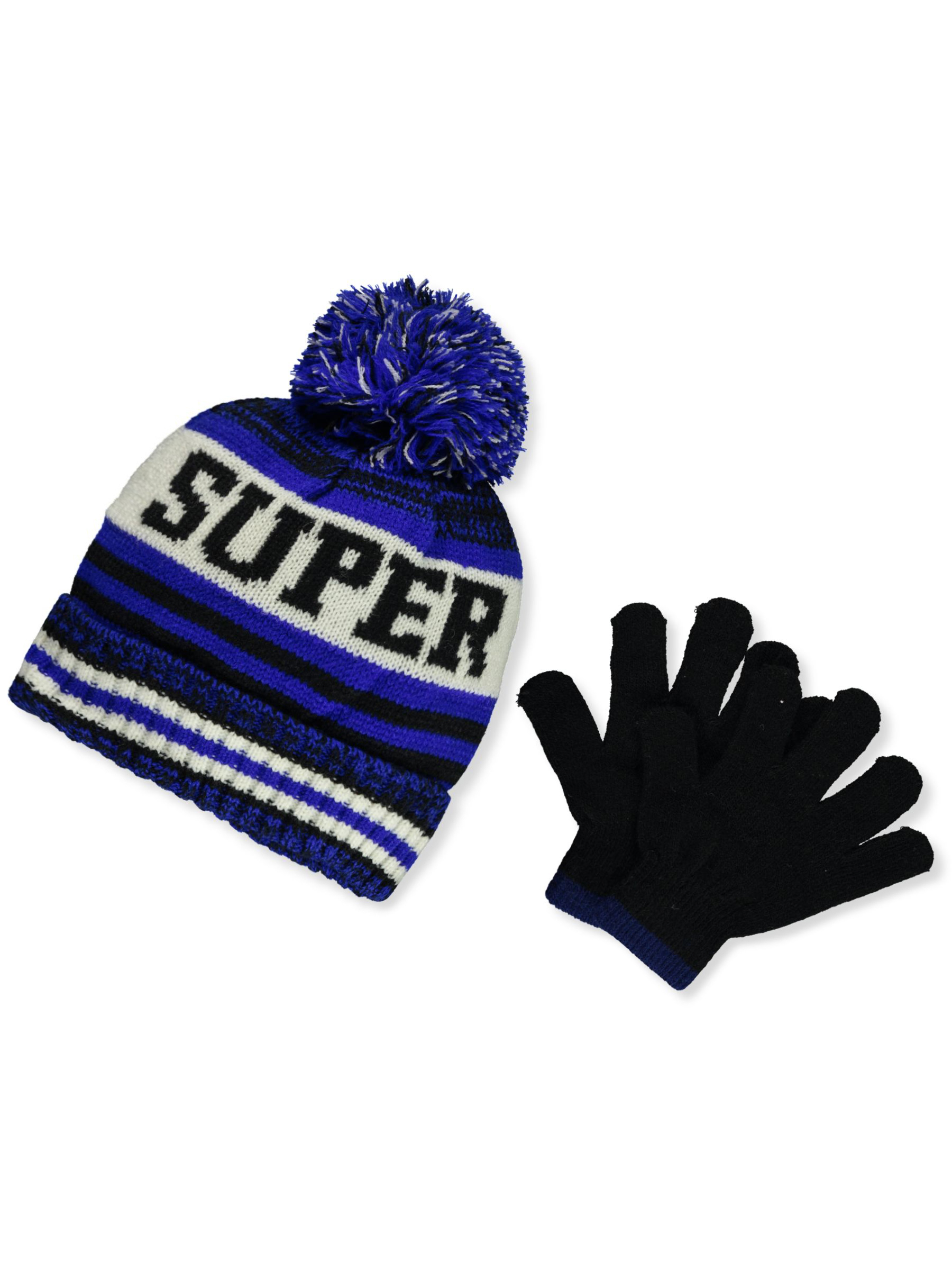 Blue black striped beanie winter hats [2 pcs] Black beanie hat with blue and grey stripes and detachable  main image 4